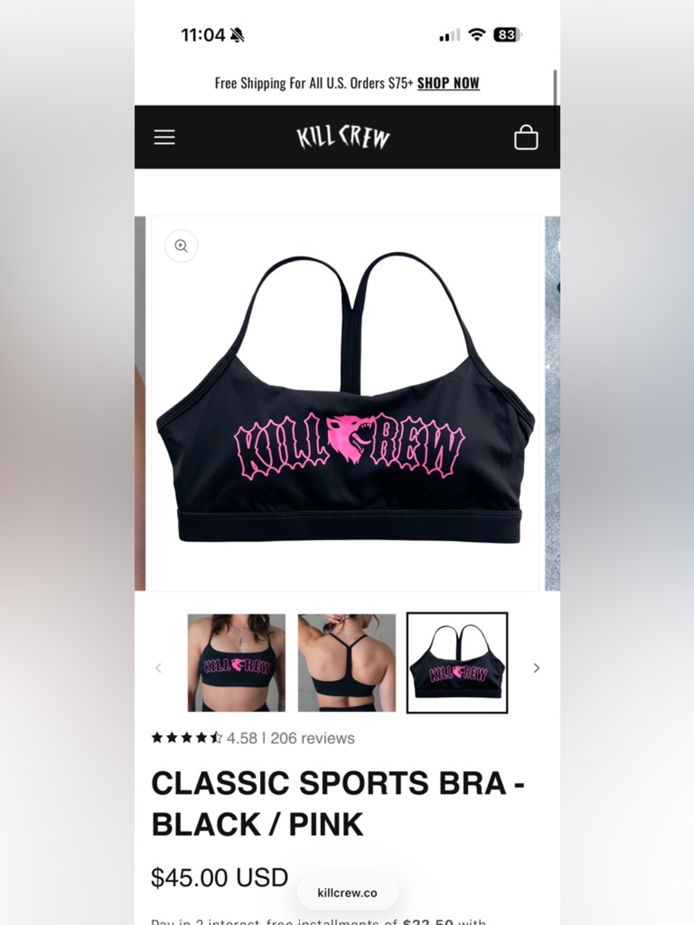 Kill Crew Classic Black Sports Bra with Hot Pink Logo - Women’s - Picture 4 of 7